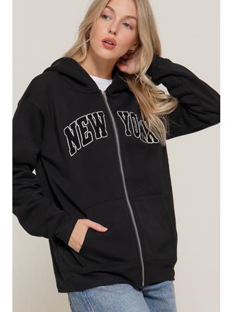 ACTIVE BASIC - Embroidery Detail Zip Up Hoodie Jacket BLACK