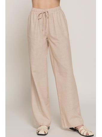 ACTIVE BASIC - Elastic Waist Stripe Gauze Long Pants BEIGE