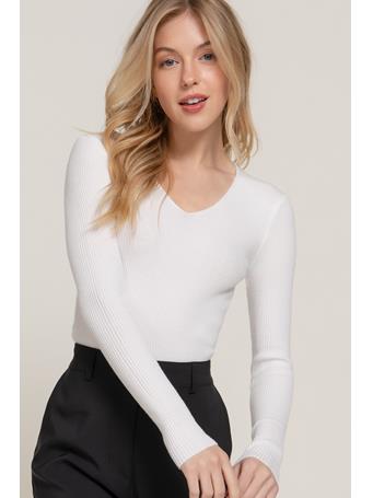 ACTIVE BASIC - Long Sleeve V-Neck Viscose Rib Sweater OFF WHITE