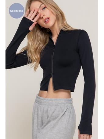 ACTIVE BASIC - Thumbholes Mock Neck Zip Up Seamless Top BLACK