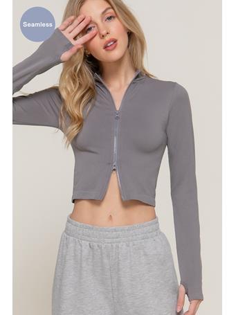 ACTIVE BASIC - Thumbholes Mock Neck Zip Up Seamless Top IRON GREY