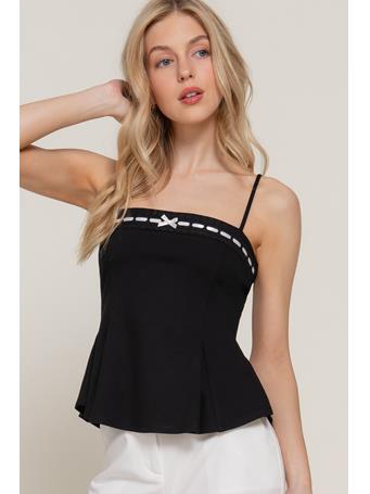 ACTIVE BASIC - Straight Neckline with Lace Bow Ponte Cami Top BLACK