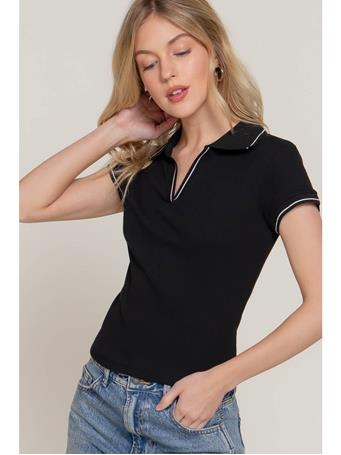 ACTIVE BASIC - Short Sleeve Line Detail Polo Rib Knit Top BLACK
