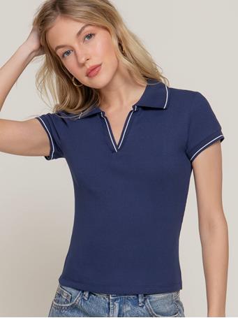 ACTIVE BASIC - Short Sleeve Line Detail Polo Rib Knit Top NAVY