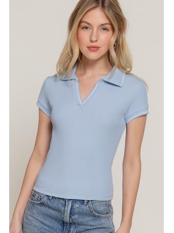 ACTIVE BASIC - Short Sleeve Line Detail Polo Rib Knit Top LIGHT BLUE
