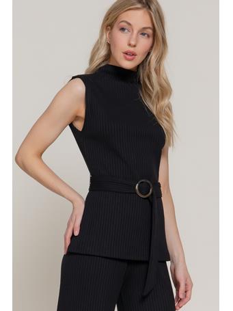 ACTIVE BASIC - Sleeveless Mock Neck Waist Belt Rib Knit Top BLACK