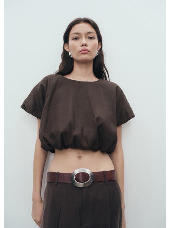 MANGO - Ramie Cropped Balloon Blouse DARK BROWN