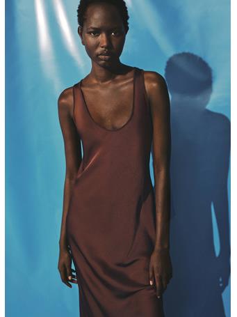 MANGO - Satin Dress With Low-cut Neckline DARK BROWN