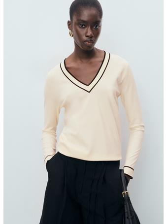 MANGO - Contrasting V-neck Sweater NATURAL WHITE