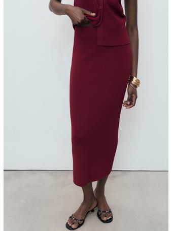 MANGO - Fine Knit Midi Skirt DARK RED