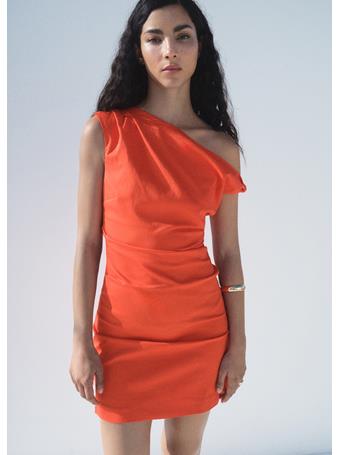 MANGO - Ruched Dress With Asymmetrical Neckline MEDIUM RED