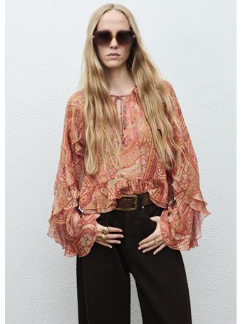 MANGO - Ruffles Printed Blouse DARK BROWN