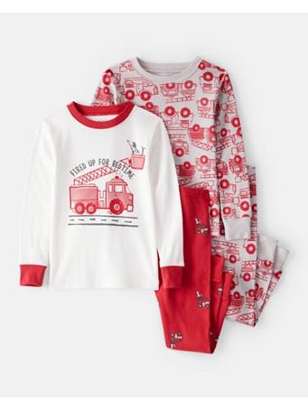 CARTERS - Baby Boy Firetruck Print 100% Cotton Long-Sleeve 4-Piece Pajamas RED