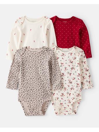 CARTERS - Baby Girl 4-Pack Leopard Print Cotton Long-Sleeve Multipack Bodysuits - Red/White MULTI