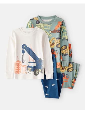 CARTERS - Toddler Boy Construction Print 100% Cotton Long-Sleeve 4-Piece Pajamas GREEN