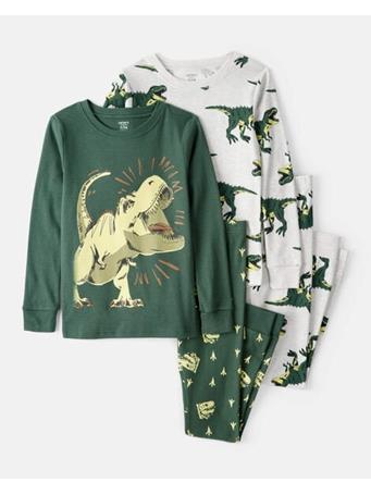 CARTERS - Boys Dinosaur Print 100% Cotton Long-Sleeve 4-Piece Pajamas GREEN