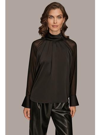 DONNA KARAN - Long Sleeve Mock-Neck Pleated Blouse BLACK