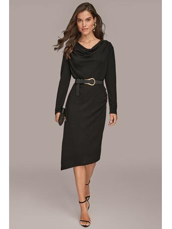 DONNA KARAN - Belted Asymmetric Cowl-Neck Midi Sheath Dress BLACK