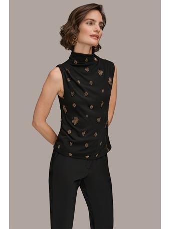 DONNA KARAN - Sleeveless Bead Turtleneck Top BLK MET COMBO