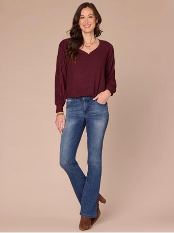 DEMOCRACY - Long Cinched Sleeve Sweetheart Neck Cased Hem Plus Size Knit Top HEATHER WINEBERRY