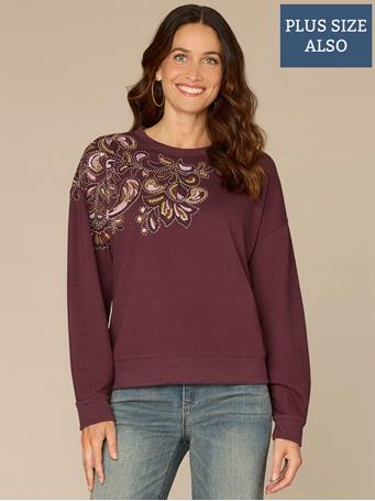 DEMOCRACY - Long Sleeve Crew Neck Beaded Plus Size Knit Sweatshirt PICKLED BEET