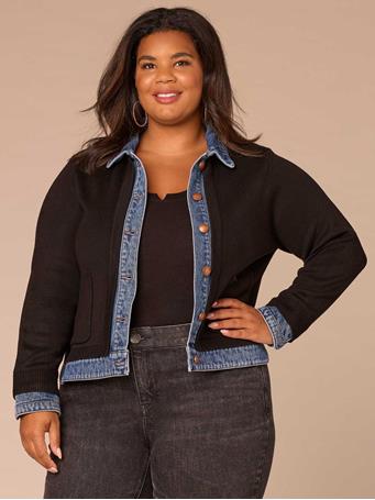 DEMOCRACY - Long Sleeve Button Down Curved Hem Mixed Media Plus Size Jacket BLACK/BLUE