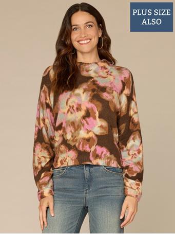DEMOCRACY - Long Ruched Sleeve Mock Neck Abstract Floral Print Plus Size Sweater DARK ROAST/PINK SHADOW MULTI
