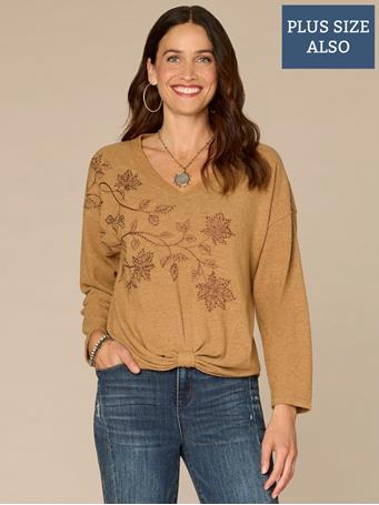 DEMOCRACY - Long Sleeve V-Neck Knot Hem Beaded Plus Size Knit Top HEATHER CARAMEL BROWN