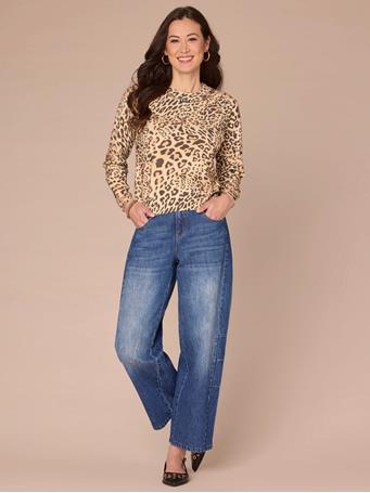 DEMOCRACY - Long Sleeve Round Embroidered Neck Animal Print Plus Size Sweater CREME BRULEE/ESPRESSO