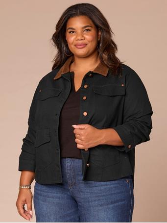 DEMOCRACY - Ruched Sleeve Corduroy Contrast Collar Button Front Plus Size Jacket BLACK