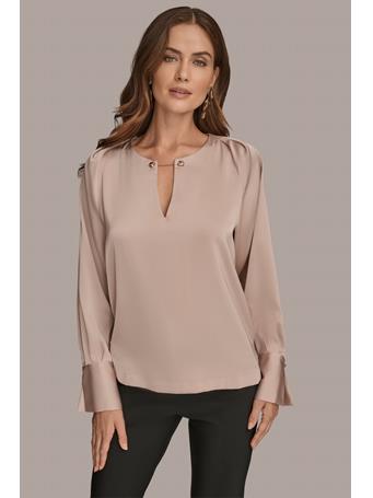 DONNA KARAN - Satin Long Sleeve Keyhole Top SHADW PNK