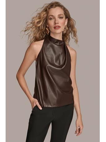DONNA KARAN - Asymmetric Mock-Neck Gathered Blouse CHOCOLT PLUM