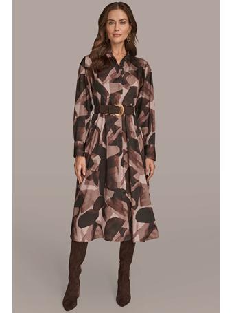 DONNA KARAN - Belted Collarless Midi Shirt Dress NOLITA MULTI