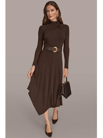 DONNA KARAN - Belted Crossover Midi Sweater Dress CHOCOLT PLUM