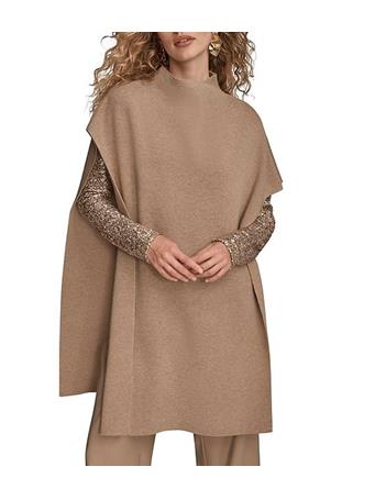 DONNA KARAN - Wool Blend Mock Neck Asymmetric Poncho HTHR NOLITA