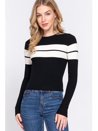 ACTIVE BASIC - Long Sleeve Crew Neck Stripe Rib Sweater BLACK/CREAM