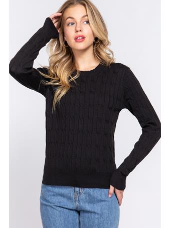 ACTIVE BASIC - Long Sleeve Round Neck Cable Sweater BLACK