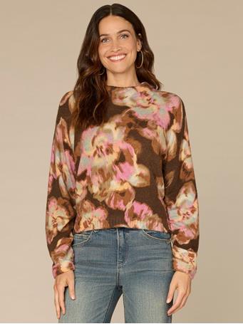 DEMOCRACY - Long Ruched Sleeve Round Mock Neck Abstract Floral Print Sweater DARK ROAST/PINK SHADOW MULTI
