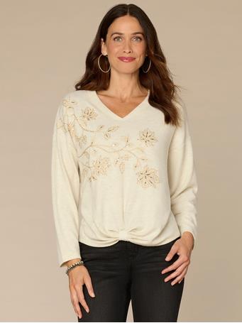 DEMOCRACY - Long Sleeve V-Neck Knot Hem Knit Top with Beaded Floral Embroidery HEATHER CREAM