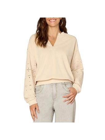 DEMOCRACY - Die Cut Embroidered Notch Neck Pullover Sweater MACADAMIA