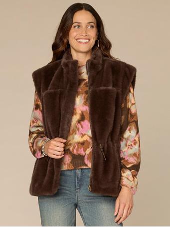 DEMOCRACY - Cap Sleeve Funnel Neck Zip Front Woven Vest with Toggle Waist Ties ESPRESSO