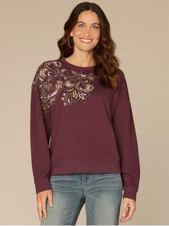 DEMOCRACY - Long Sleeve Crew Neck Knit Sweatshirt with Abstract Beaded Embroidery PICKLED BEET