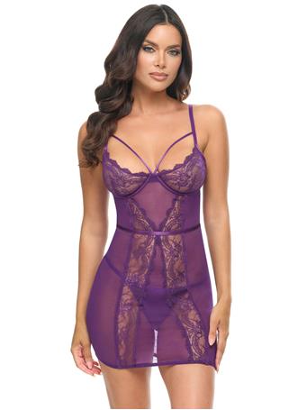 OH LA LA CHERI - Denise Sheer Lace Babydoll Dress PURPLE
