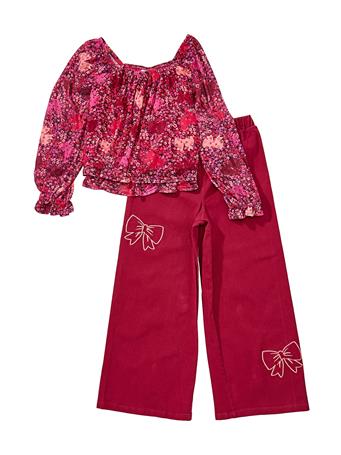 BONNIE JEAN - Big Girls Long-Sleeve Floral Mesh Peasant Top & Denim Pants Set BURGANDY
