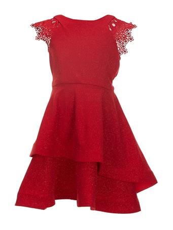 BONNIE JEAN - Flutter-Sleeve Sparkle Knit Skirted Fit-and-Flare Dress RED