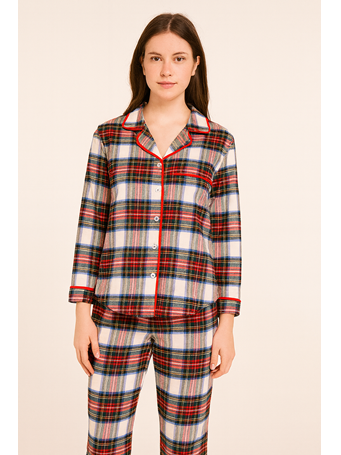BODY TOUCH - Double Collar Brushed Minky Fleece Plaid Print Notch Collar Pajamas RED PTN