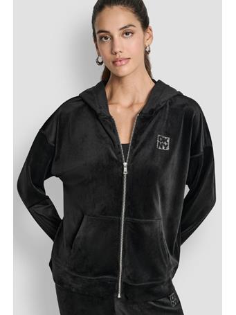 DKNY - Velour Rhinestone Two Tone Logo Full Zip Hoodie BLACK
