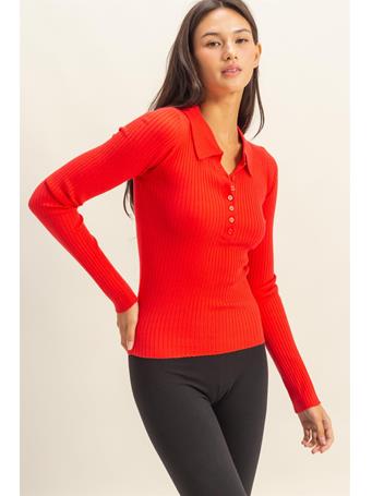 DOUBLE ZERO - Ribbed Collared Button Front Top RED