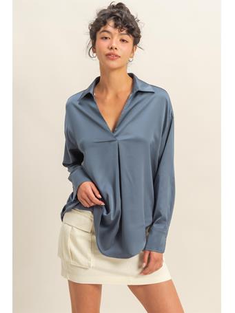 DOUBLE ZERO - Collared V-Neck Satin Blouse DUSTY NAVY