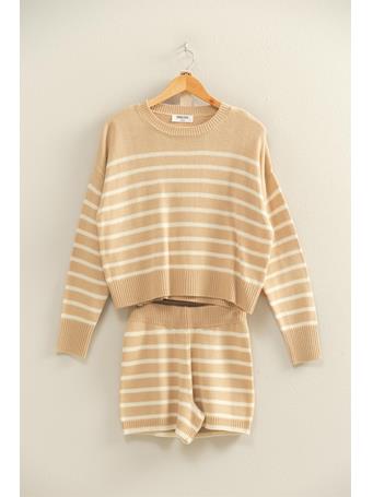 DOUBLE ZERO - Striped Knit Sweater and Shorts Set TAUPE/CREAM